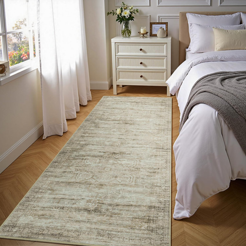 2'X6' Washable Neutral Vintage Distressed Aesthetic Runner Rug Beige, Beige