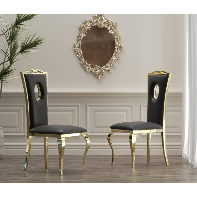 Montzerrat Upholstered Leather Dining Chair With Circular Hole Backrest And Carved Stainless Steel Legs, Armless Side Chair For Dining Room, Living Room, Or Bedroom 