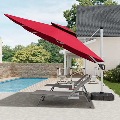 Parasol carré extérieur double toile de 3,35 m (rouge, base non incluse)