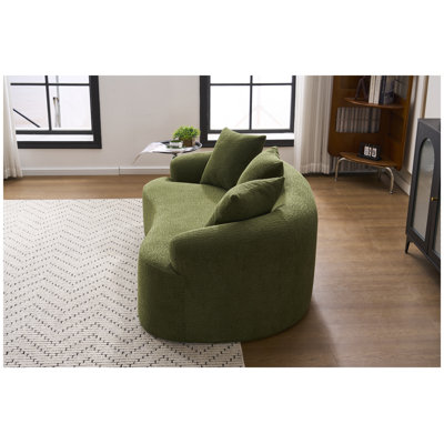 Canapé deux places incurvé en tissu chenille vert antique, aucun assemblage requis, idéal pour les petits espaces et les appartements, comprend 3 coussins décoratifs.