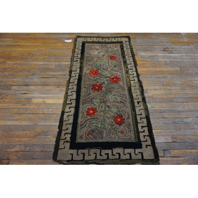 Antique American Hooked Small Scatter Size Wool & Cotton Gray Rug