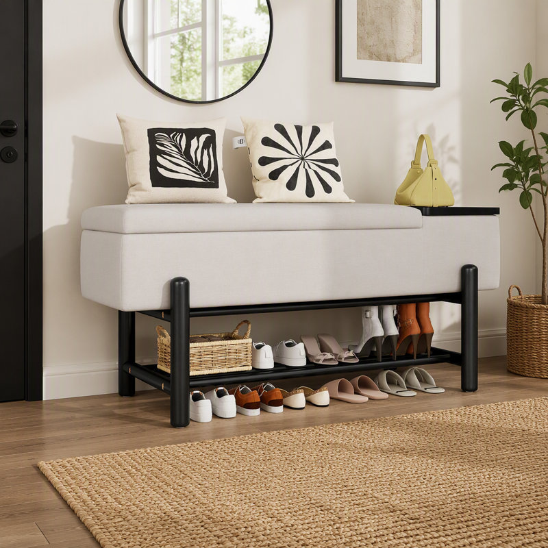 Banc de rangement rembourré Farmhouse avec compartiment caché, banc d'entrée moderne pour le salon et les couloirs