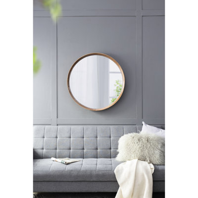 31.5" Wall Mirror In Brown Pine Wood, Complement Bathroom & Living Room Round Wood For Decor