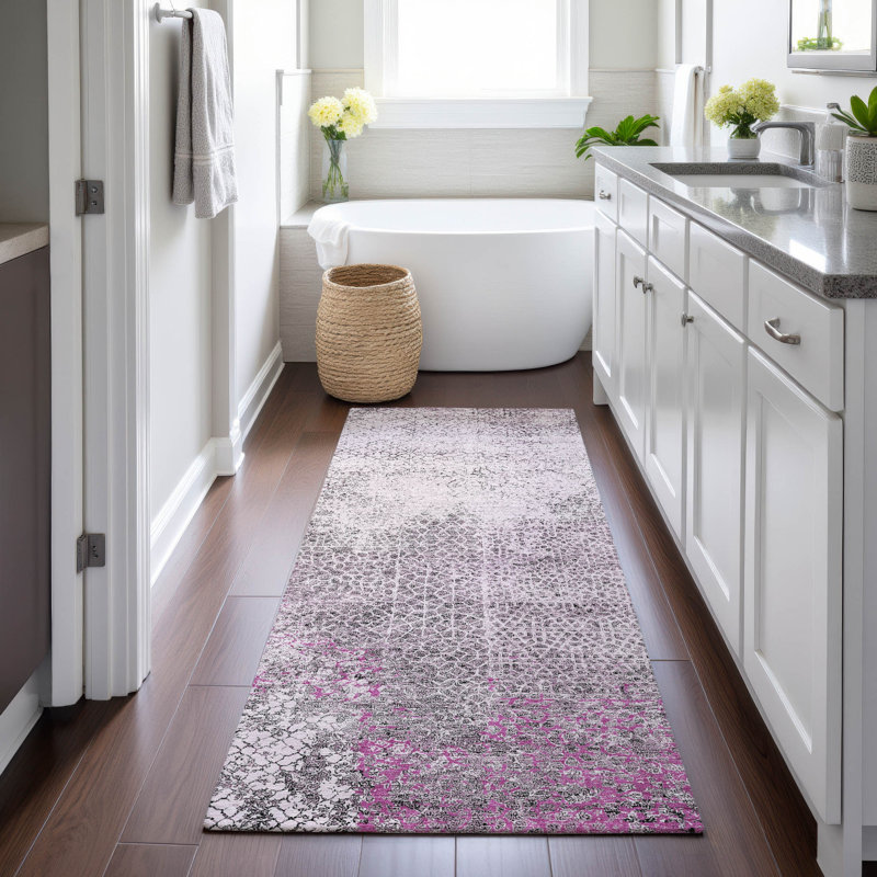 Tapis moderne lavable à la machine intérieur / extérieur ACN2743, Tapis de couloir 2 pi 3 po x 7 pi 6 po, Rose