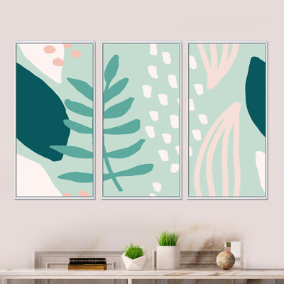 Abstrait vert clair et feuillage rose I - ensemble d'art moderne encadré sur toile Mid-Century