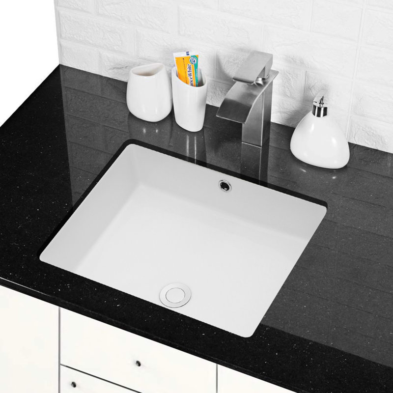 19"x15" White Ceramic Rectangular Undermount Bathroom Sink with Overflow