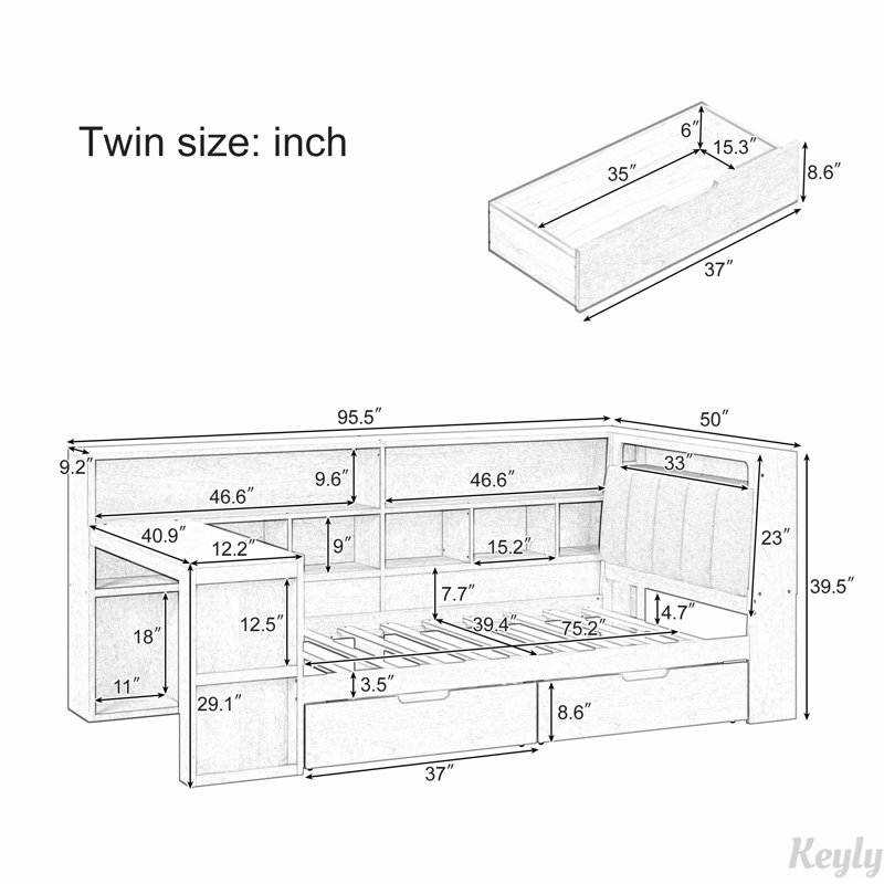 L-shaped Wooden Daybed with Desk and Storage Bookcase, Twin, White