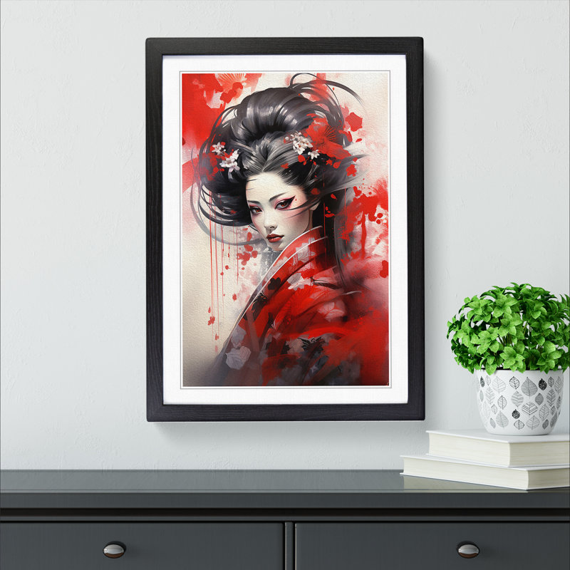 Geisha Symbolism Art - Framed Print, 64cm H x 46cm W, Black Framed