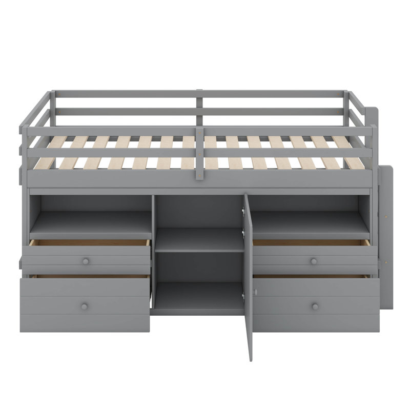 Lit mezzanine simple Leda avec 4 tiroirs, sous l'armoire et les tablettes, gris