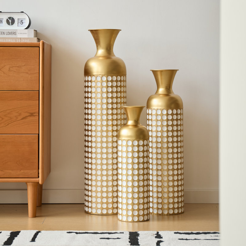 Ensemble de 3 grands vases de plancher en laiton antique et métal blanc pour le salon