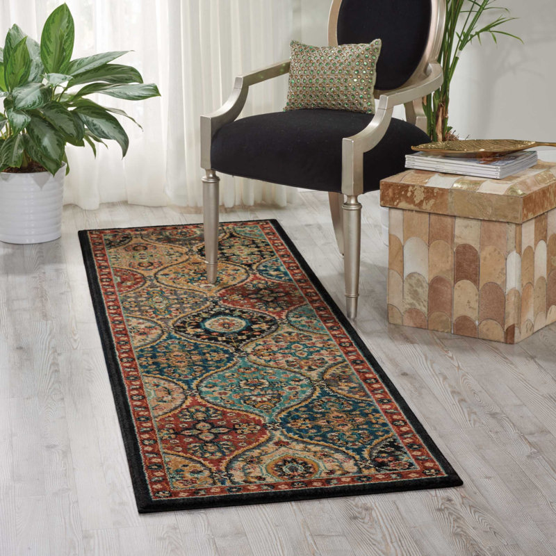 Tapis tissé à la machine Goldshell en bleu sarcelle / rouge / brun, Tapis de couloir 2 pi 3 po x 8 pi