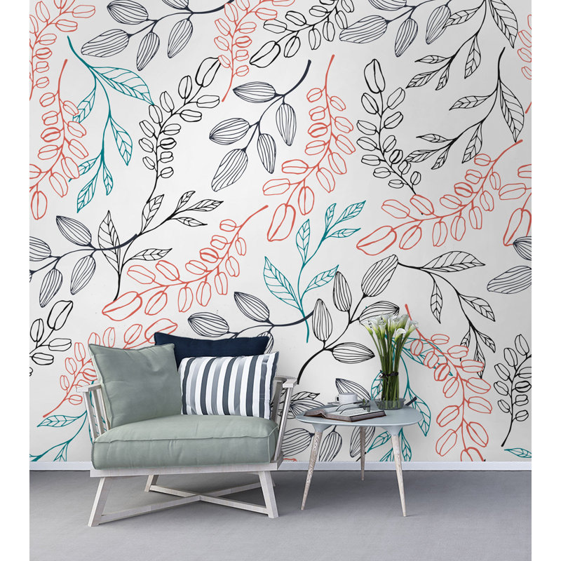 Papier peint amovible avec branches et plantes, L 105,96 po x l 187 po