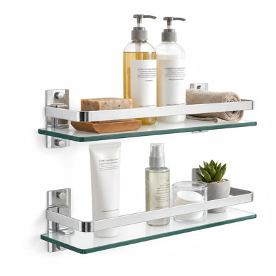 Ensemble de 2 tablettes en verre pour salle de bain, tablette de verre pour salle de bain murale en argent 15,7 pouces