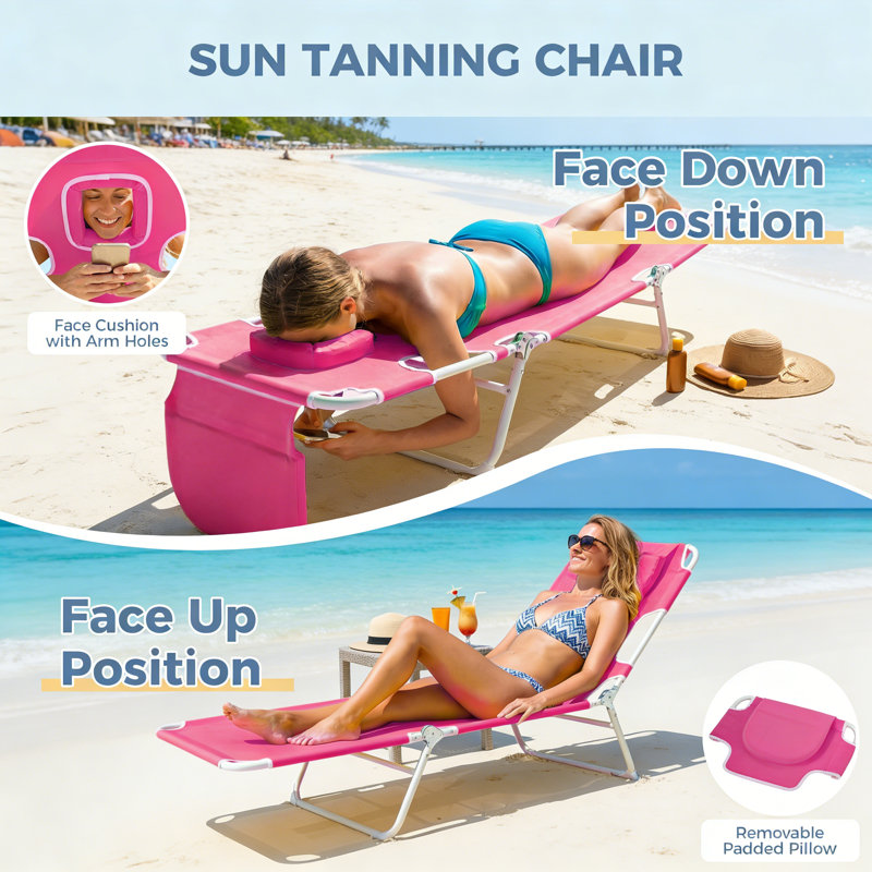 Chaise de plage pliante portative pour l'extérieur avec sac de transport - Fauteuil inclinable léger pour le camping et le voyage, rose