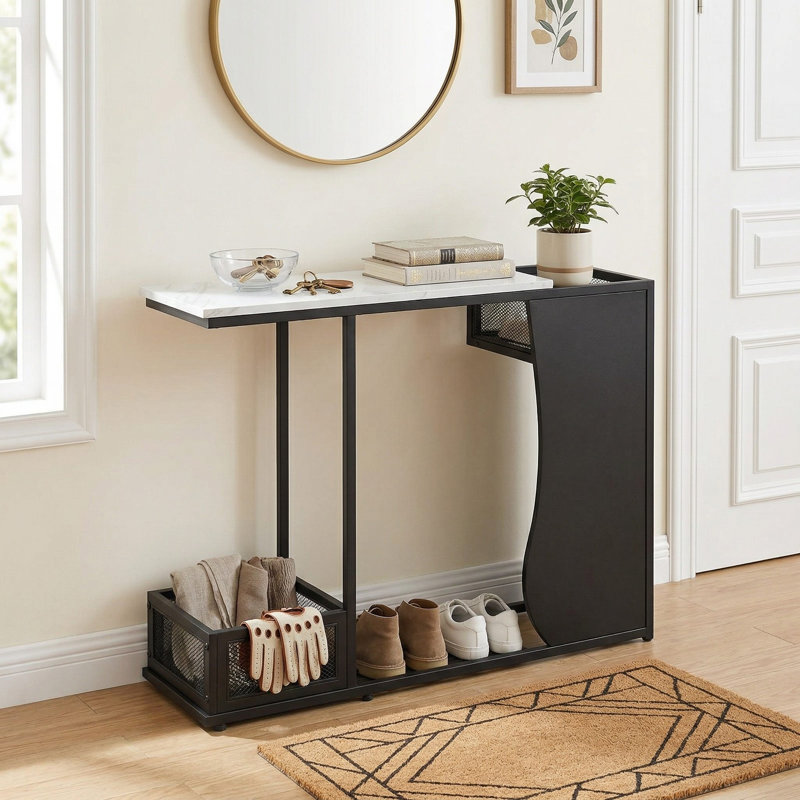 Console de 43,5 pouces avec plateau en faux marbre et espace de présentation dédié aux plantes pour le couloir du vestibule