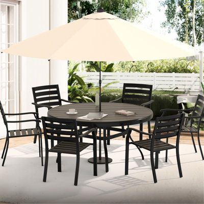 Outdoor Round Patio Table For 6 - 7, All Weather Metal Dining With Adjustable Umbrella Hole, Powder Coated Rust Protection, Bent Legs Better Stability by Latitude Run