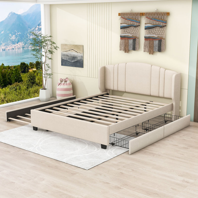 Elester Queen Upholstered Platform Bed with Twin Trundle and Drawers, Beige