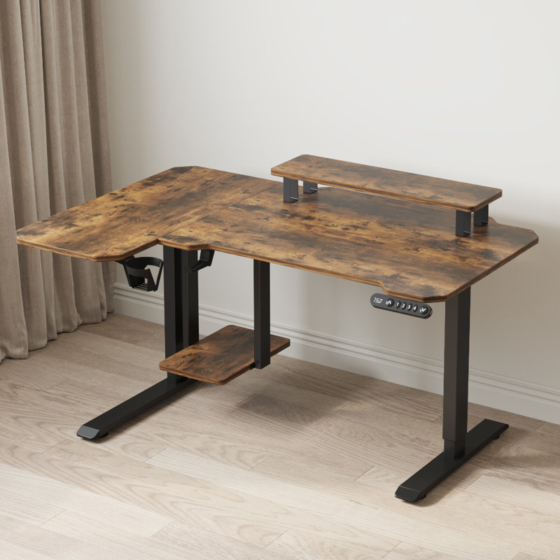 Bureau debout à hauteur réglable de 59 po en L avec tablettes, Brun / Noir