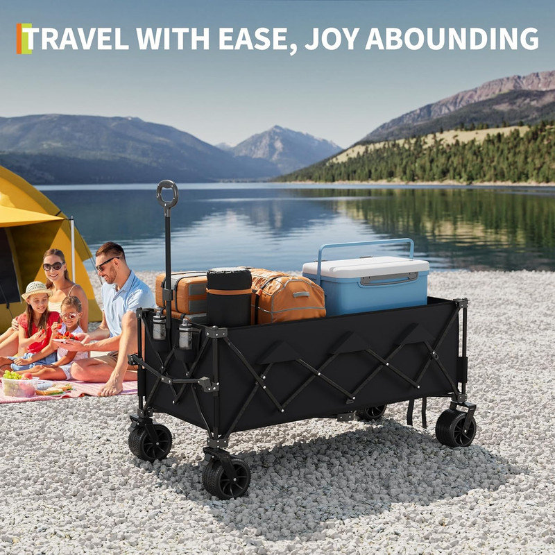 Chariot pliable robuste pour la plage, très grand chariot pliable pliable pour le camping, chariots de plage tout-terrain prolongés avec porte-gobelets pour le sable
