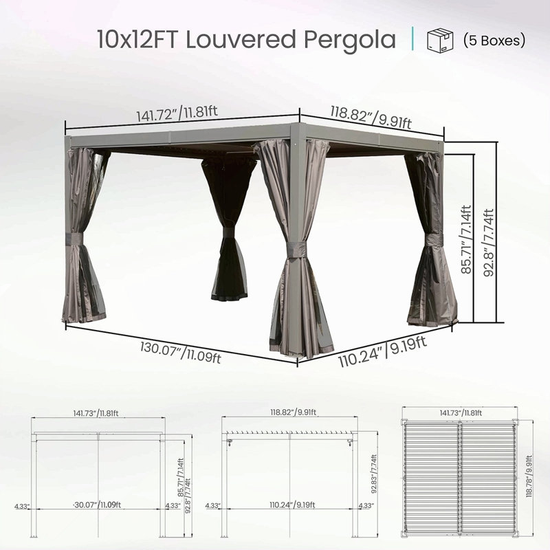 Pergola d'extérieur 10 x 12 pi avec persiennes réglables, H 92,9 po x l 141,82 po x P 118,92 po, Gris
