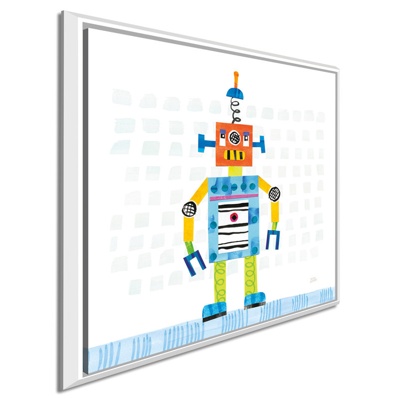 «Robot Party II on Squares», impression, H 21,5 po x l 21,5 po x P 2 po, Cadre flottant blanc