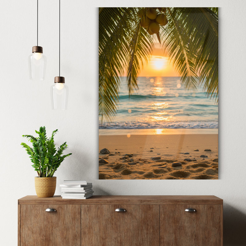Art mural en verre trempé Tropical Beach Sunset, H 24 po x l 18 po