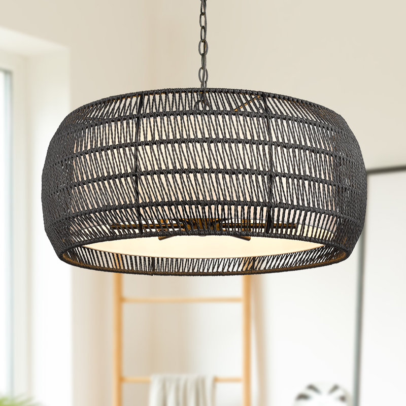 Chapple 6 - Light Steel Dimmable Drum Chandelier, Modern Black Rattan