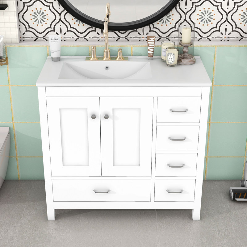 Bathroom Vanity with Ceramic Sink Combo and 5 drawers, White, Grey