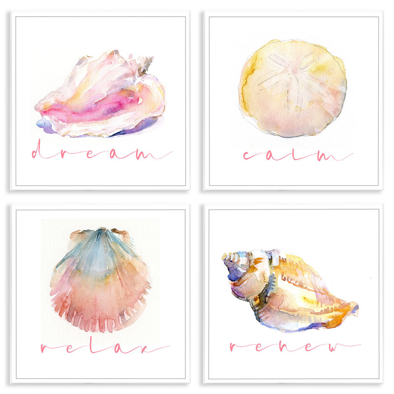 Aquarelle, coquillages avec phrases, ensemble de 4 plaques murales par John Keeling