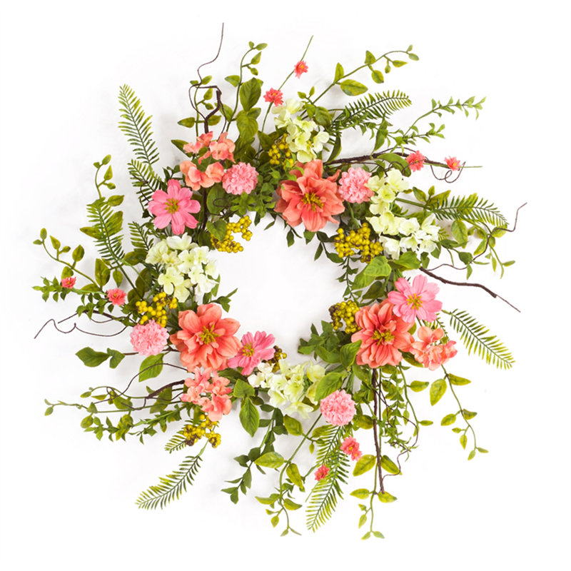 Couronne artificielle 27 po avec baies printanières roses et vertes