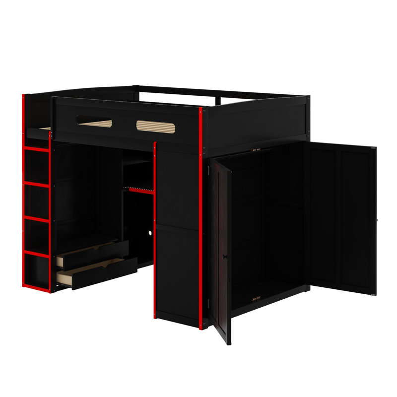 Wood Loft Bed With Desk,Wardrobe,Ample Storage Space,And RGB LED Light, Red/Black
