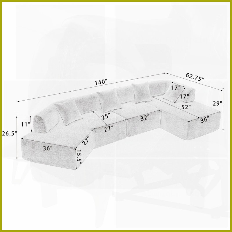 Canapé modulaire en L de 140 po à 4 places avec méridienne moderne, sans assemblage pour le salon