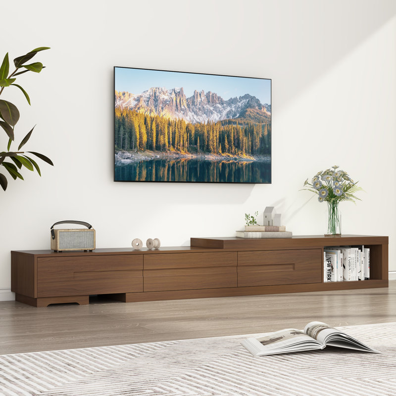 Meuble télé extensible, centre multimédia réversible en bois avec 3 grands tiroirs, Walnut, No