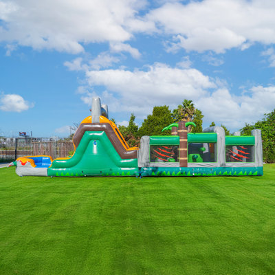 Parcours d'obstacles gonflable HeroKiddo T-Rex Adventure de 12,8 m avec deux glissades d'eau, pataugeoire et thème dinosaure pour enfants, souffleur inclus