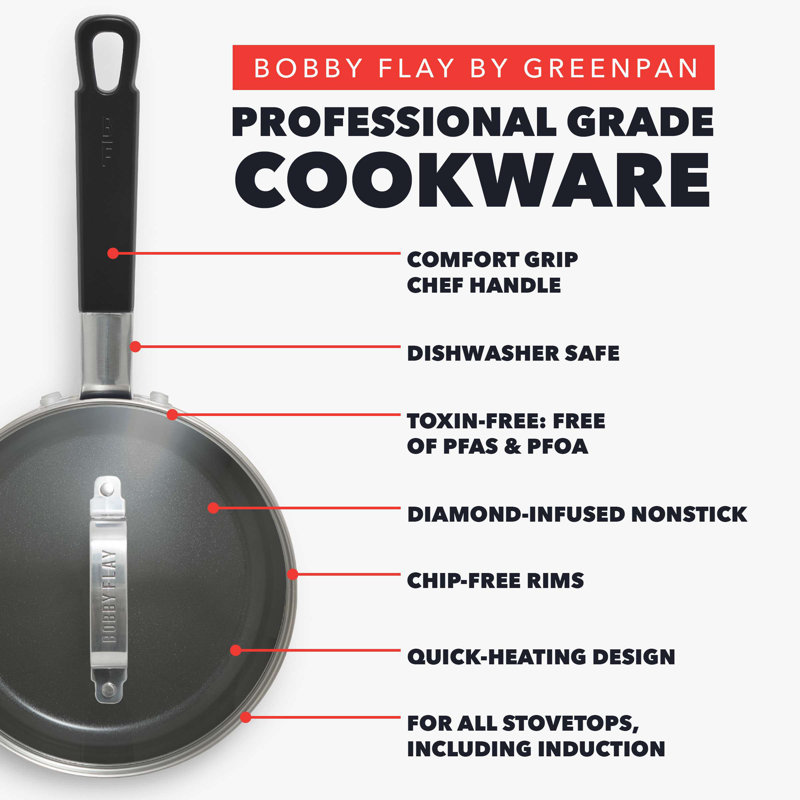 Bobby Flay by GreenPan Professional Grade Ceramic Nonstick 2.53QT Saucepan with Lid, Black