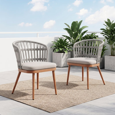 Ensemble de 2 chaises de salle à manger d'extérieur avec dossier en corde tressée, sièges rembourrés et structure aspect bois