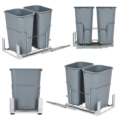 Poubelle escamotable, poubelle double sous l'armoire avec glissières en acier chromé, poubelle inférieure pour l'organisation de la cuisine