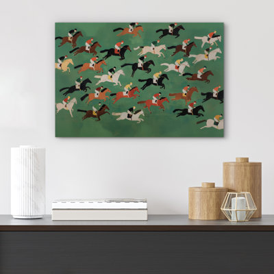 «Galloper Racehores in Motion Across Green Field Art», reproduction d'art sur toile encadrée