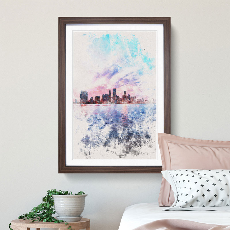 Miami Florida Skyline - Picture Frame Painting Print, 63cm H x 45cm W x 2cm D, Walnut Framed
