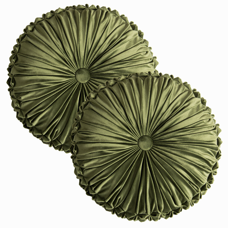 Round Throw Pillow Set Of 2 – Decorative Velvet Ruched Pumpkin Pillows With Button Center, Soft Handmade Cushions For Couch Sofa Bed Farmhouse Vintage Rustic Decor, 14.5"R