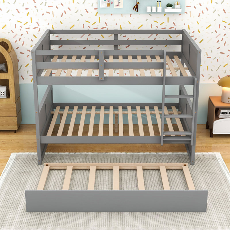 Wood Full Over Full Bunk Bed With Twin Trundle And Guardrails, Gray