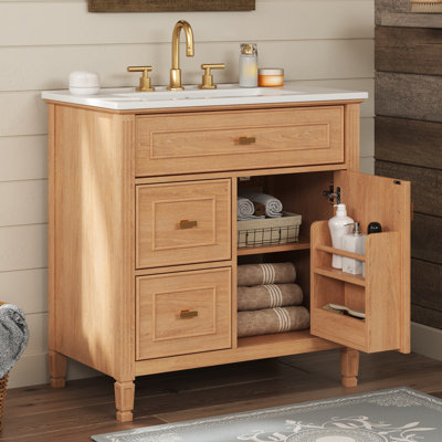 30" Green Freestanding Bathroom Vanity - Solid Wood/Mdf Cabinet With Sink, Flip Drawer & Adjustable Shelf