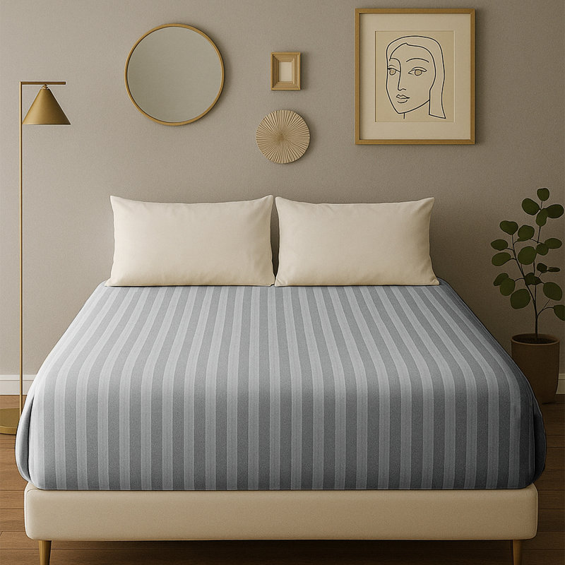 40cm Deep Pocket Microfiber Stripe Fitted Sheet, Silver, Double (4'6)