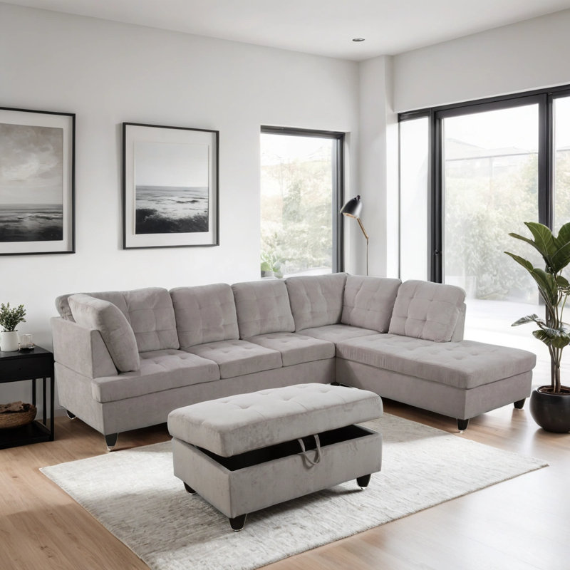 Carleah 3 - Piece L-Shaped Upholstered Sectional with Ottoman, Gray Corduroy, Right Hand Facing