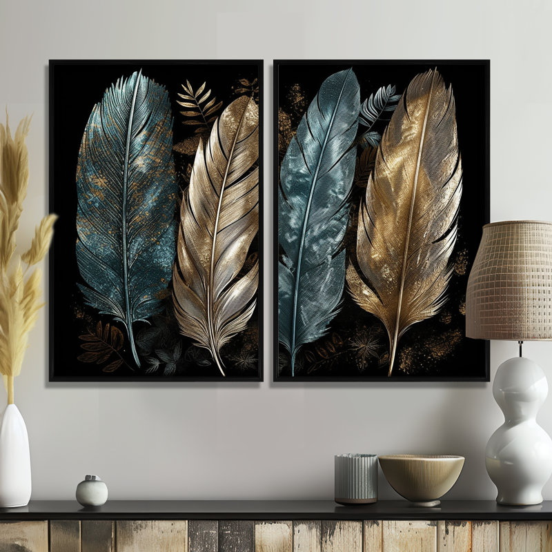Plumes dorées dorées I - décoration murale moderne 2 panneaux, 36'' H x 48'' W, Impression encadrée flottante, Black