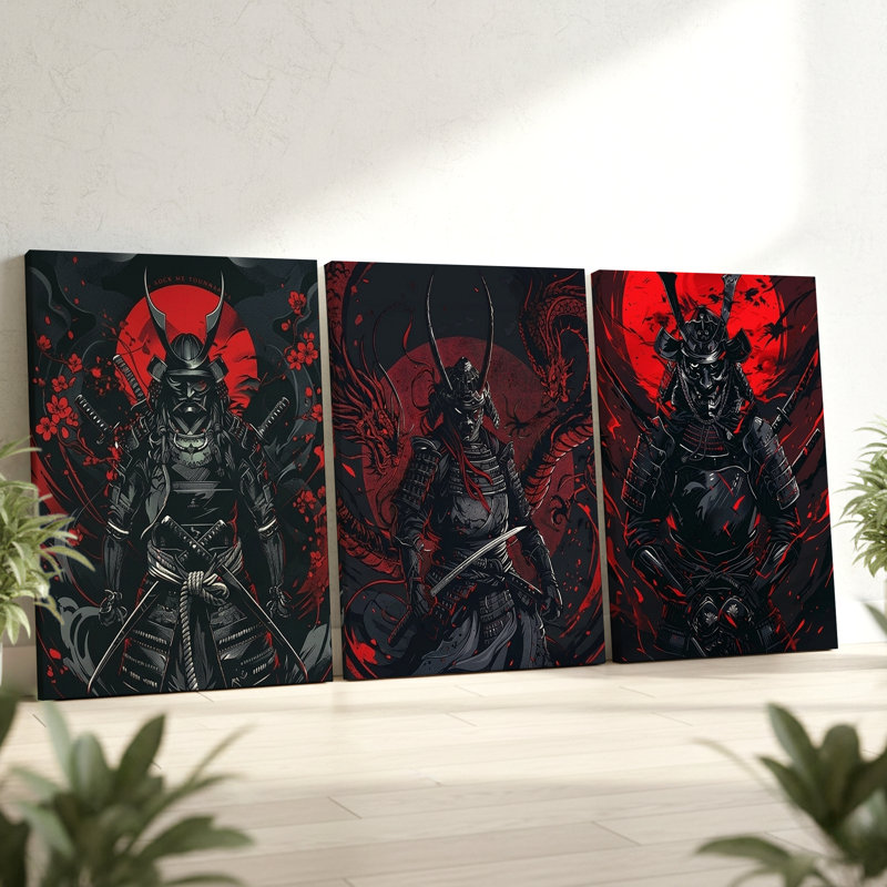 3 pièces, art mural dynamique Samurai Warrior avec palette rouge et noire, trois pièces pour le salon, la chambre à coucher et le bureau