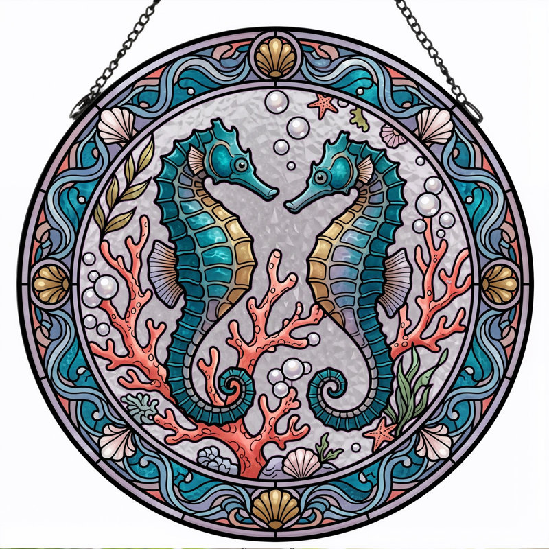 Panneau de vitrail en forme de hippocampe, H 12 po, H 12 po