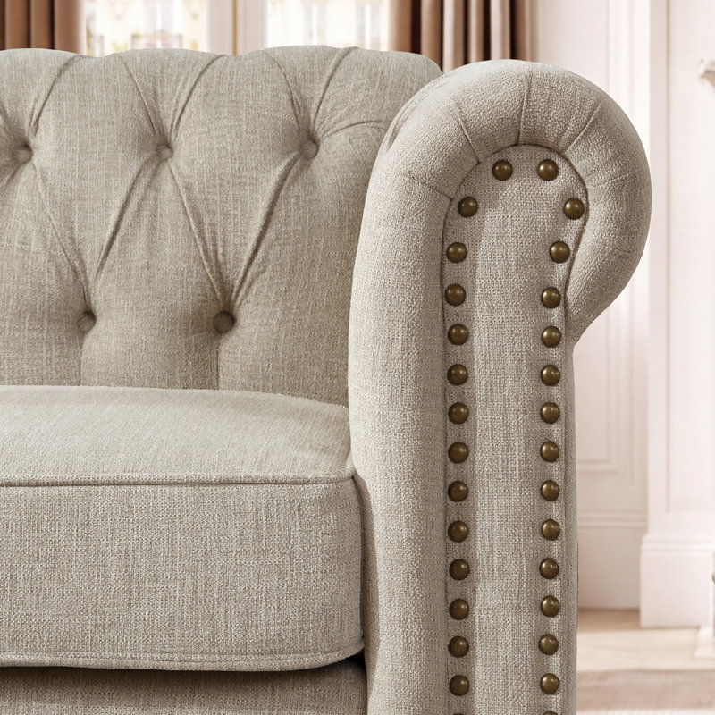 Canapé Chesterfield à accoudoirs roulés 80 po Perry, Mélange de lin beige