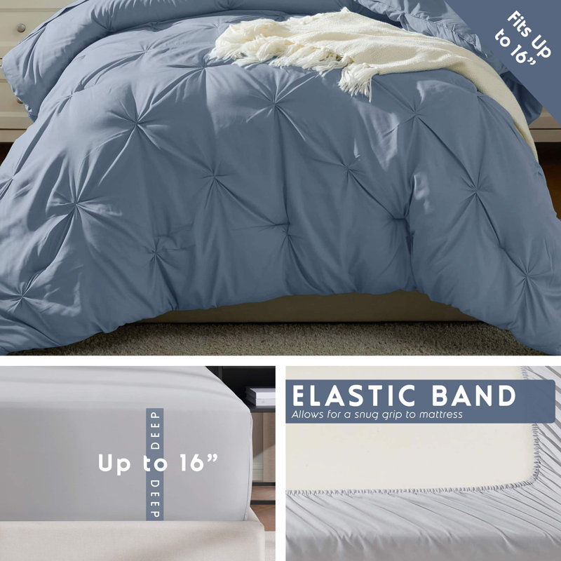 Bed-in-A-Bag Pleated Comforter Set with Bed Sheets, Stone Blue, Twin Extra Long Comforter + 4 Additional Pieces