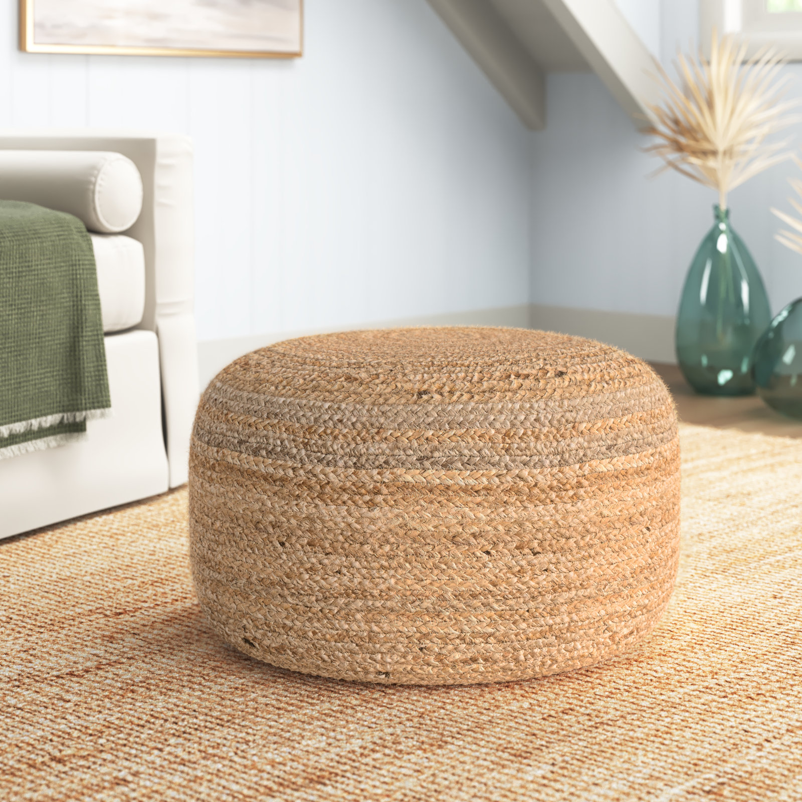 Sand & Stable Shipka 29" Wide Round 100% Braided Jute Pouf Ottoman/Foot ...
